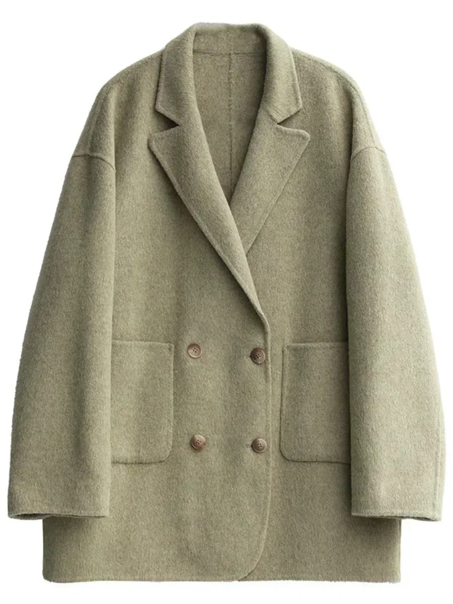 Womens Woolen Double Breasted Coat Loose Fit Retro Style Outerwear 3