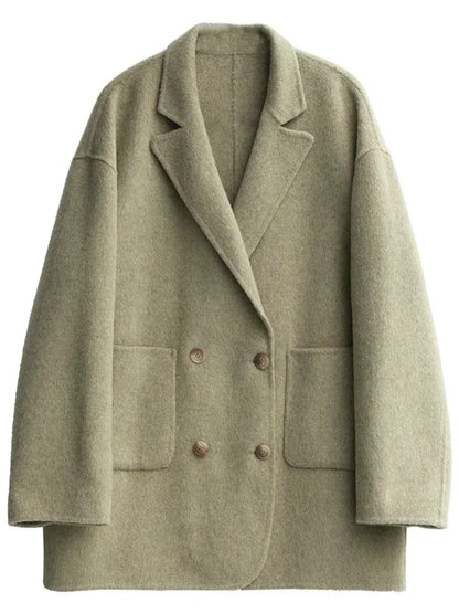 Womens Woolen Double Breasted Coat Loose Fit Retro Style Outerwear 3