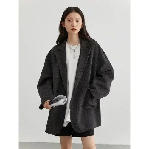 Womens Woolen Double Breasted Coat Loose Fit Retro Style Outerwear 5