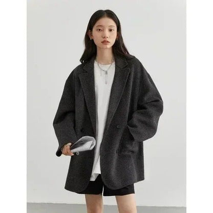 Womens Woolen Double Breasted Coat Loose Fit Retro Style Outerwear 5