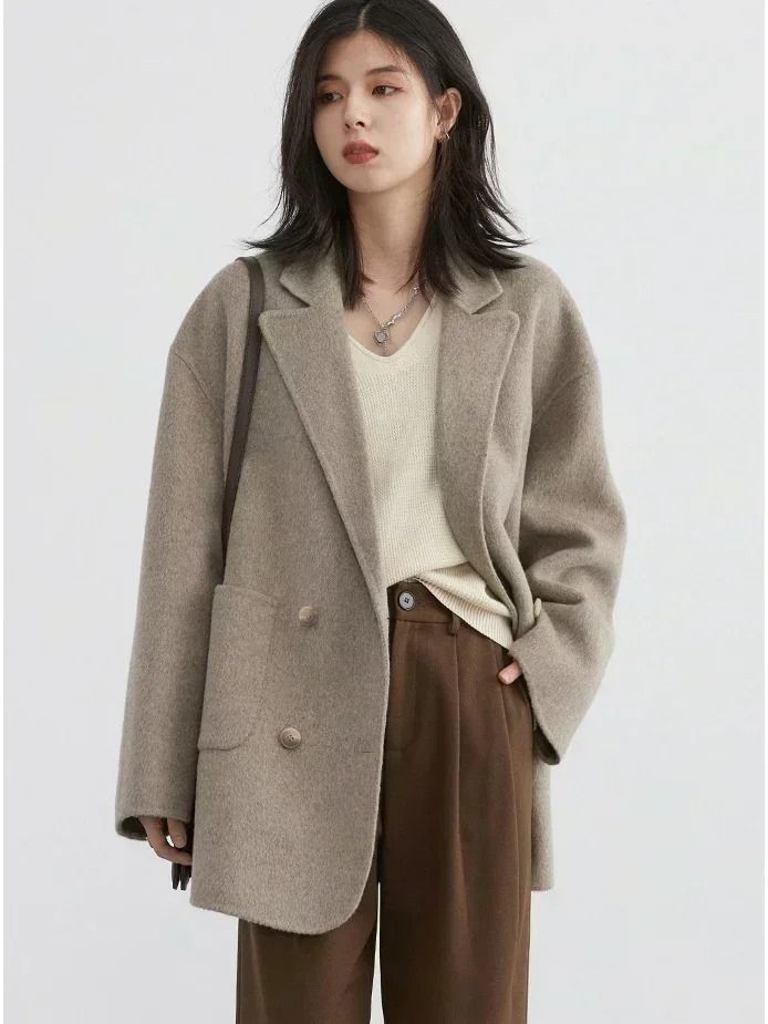 Womens Woolen Double Breasted Coat Loose Fit Retro Style Outerwear 6