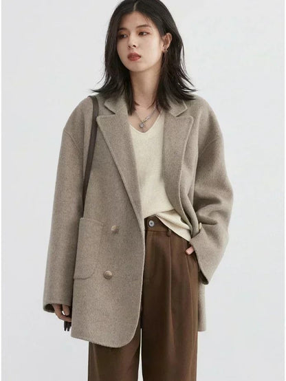 Womens Woolen Double Breasted Coat Loose Fit Retro Style Outerwear 6