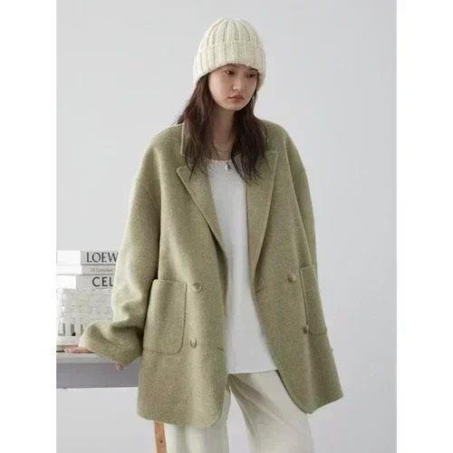 Womens Woolen Double Breasted Coat Loose Fit Retro Style Outerwear 7