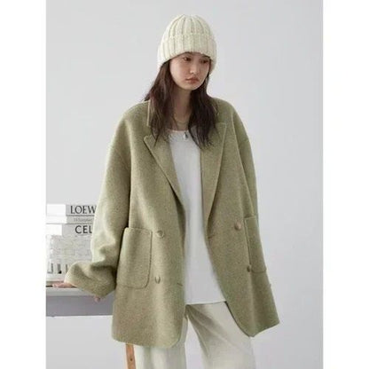 Womens Woolen Double Breasted Coat Loose Fit Retro Style Outerwear 7