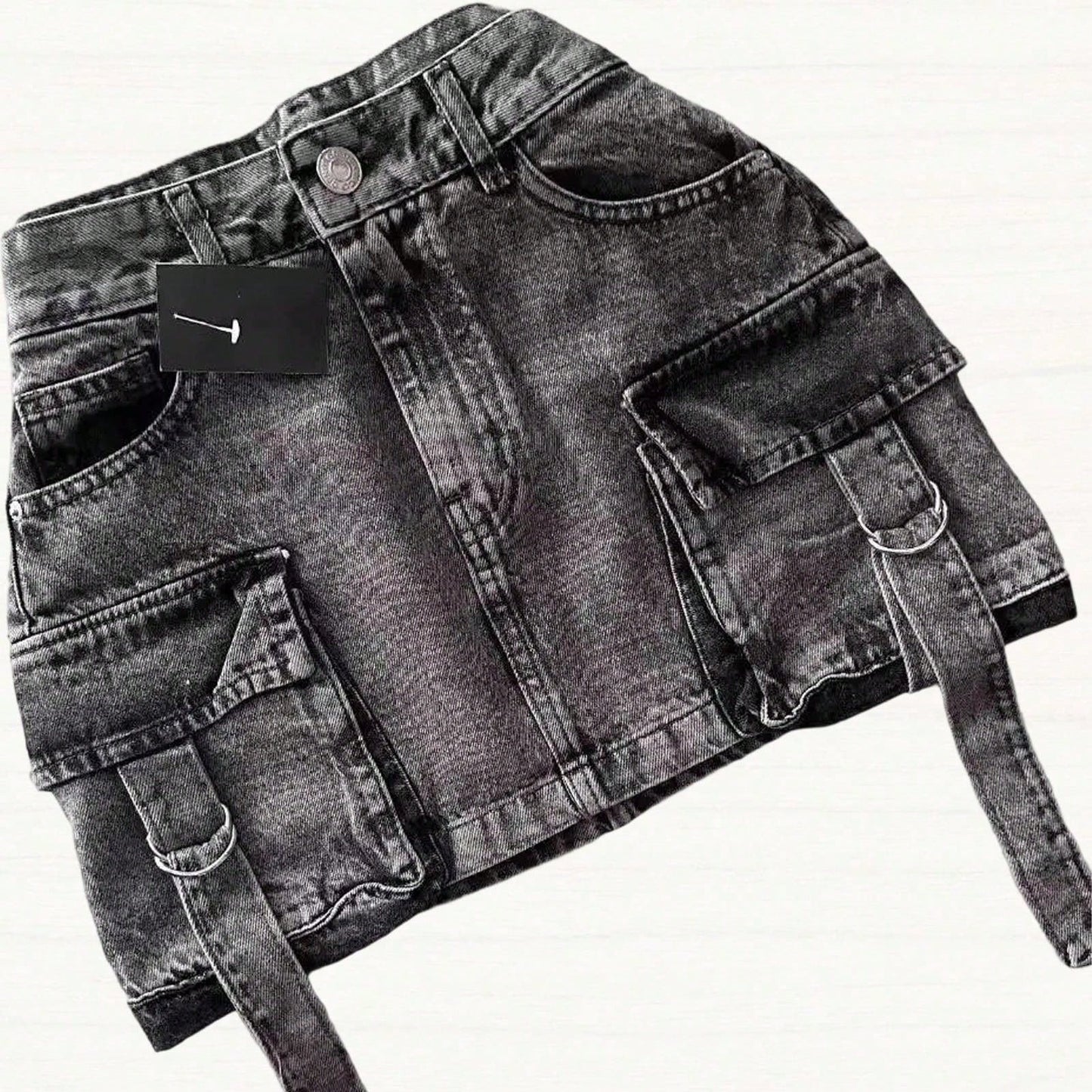 Vintage Goth Denim Skirt, Y2k Harajuku Mini Skirt with Multiple Pockets, Plaid Lining, Womens Casual Streetwear