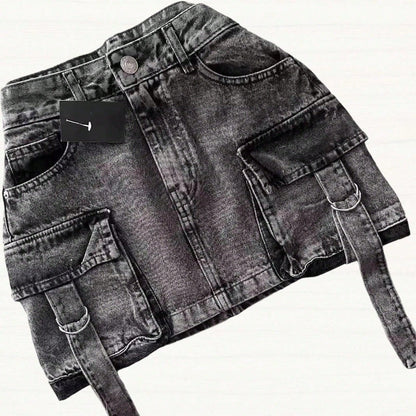 Vintage Goth Denim Skirt, Y2k Harajuku Mini Skirt with Multiple Pockets, Plaid Lining, Womens Casual Streetwear