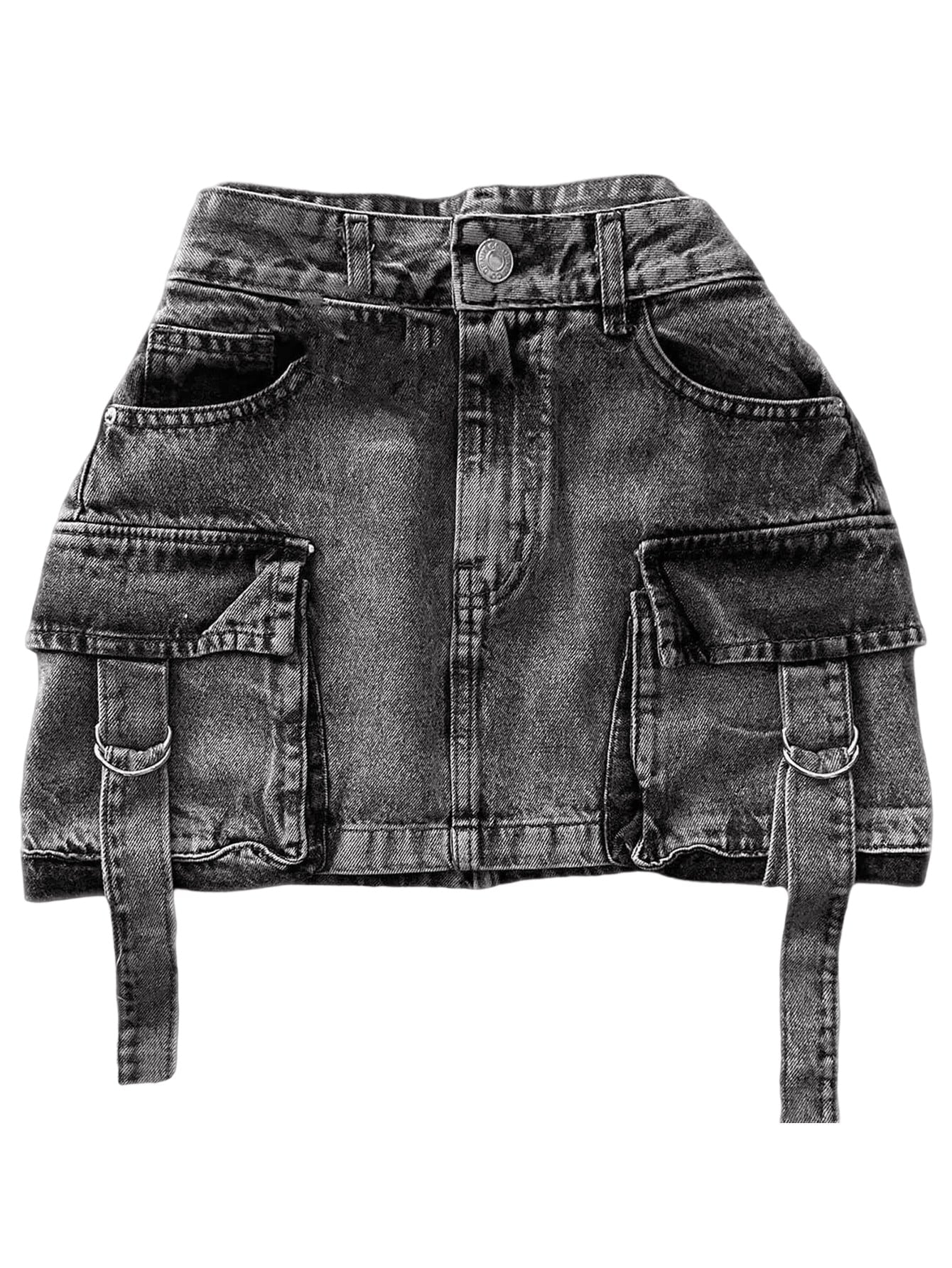 Vintage Goth Denim Skirt Y2k Harajuku Mini Skirt With Multiple Pockets Plaid Lining Womens Casual S 1