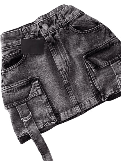 Vintage Goth Denim Skirt Y2k Harajuku Mini Skirt With Multiple Pockets Plaid Lining Womens Casual S 2
