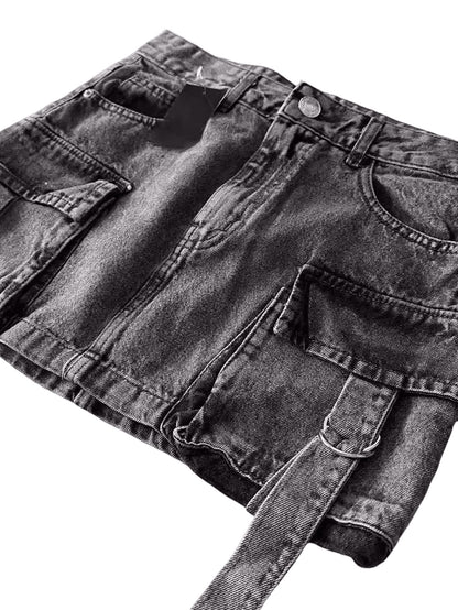 Vintage Goth Denim Skirt Y2k Harajuku Mini Skirt With Multiple Pockets Plaid Lining Womens Casual S 3