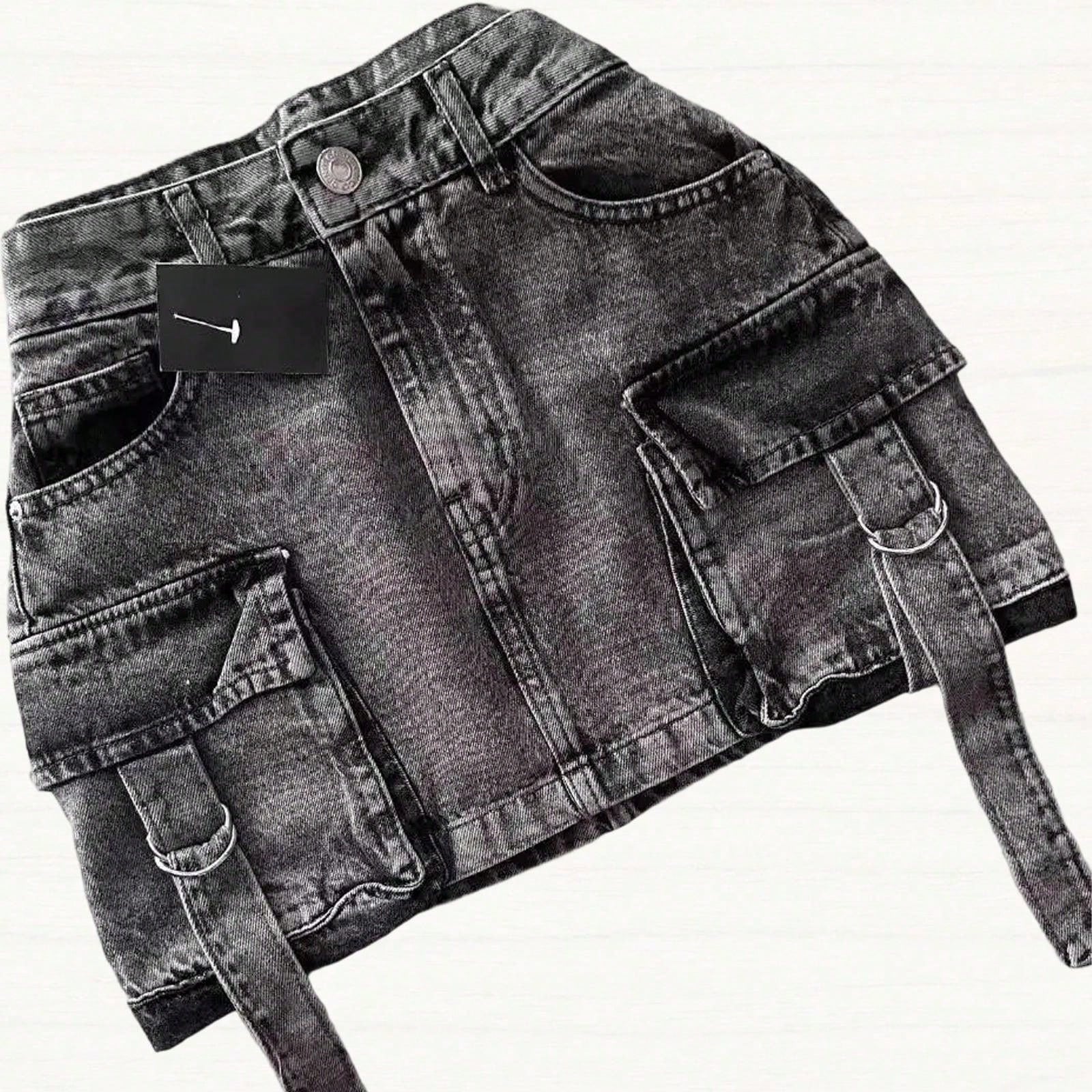 Vintage Goth Denim Skirt Y2k Harajuku Mini Skirt With Multiple Pockets Plaid Lining Womens Casual S 4