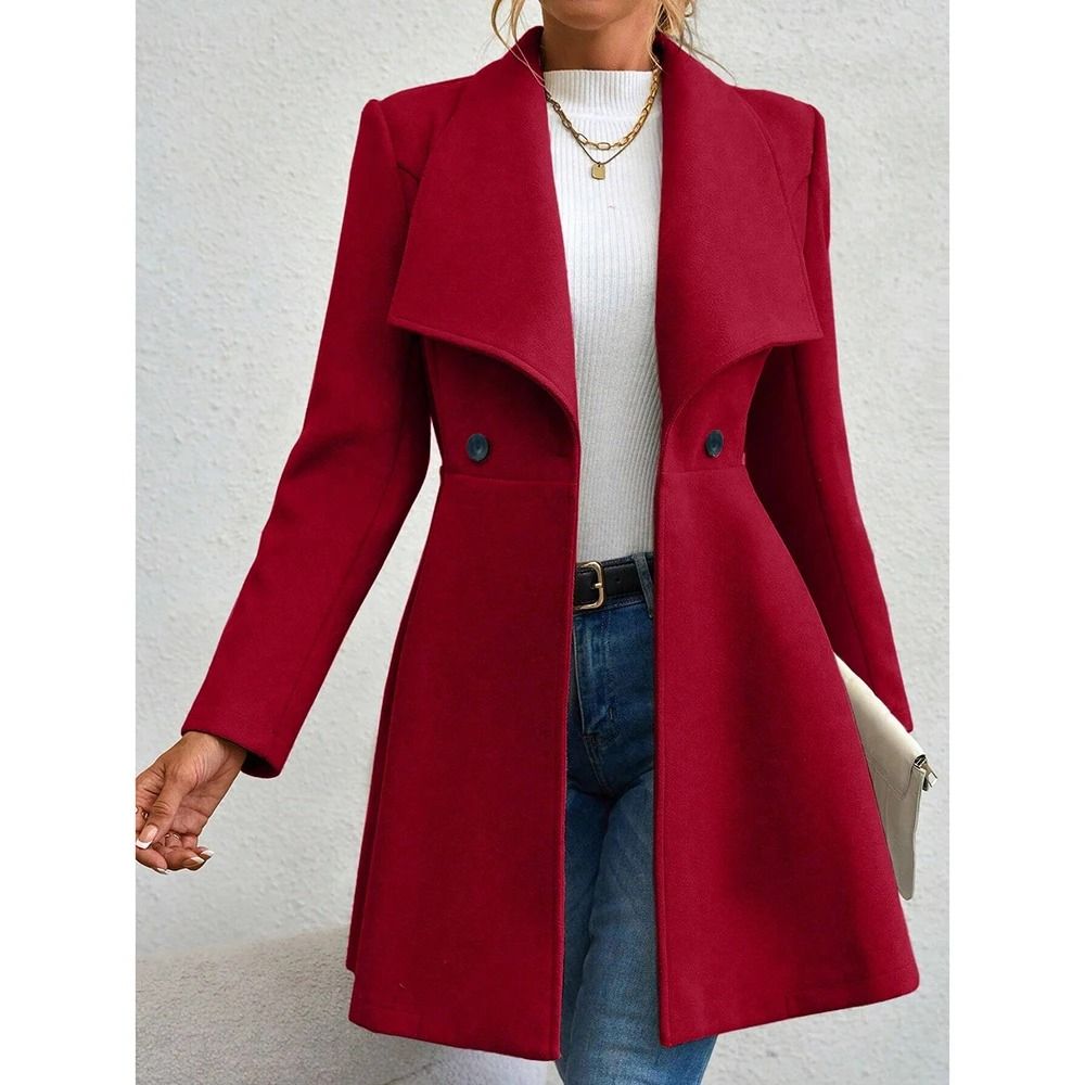 Womens Winter Lapel Coat Long Sleeve Solid Color Button Up Outerwear 1