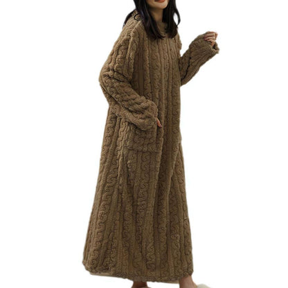 Winter Warm Nightdress for Women, Thickened Flannel Nightgown Long Sleeve, Loose Fit Sleepwear with Double Pocket, Solid