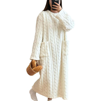 Winter Warm Nightdress for Women, Thickened Flannel Nightgown Long Sleeve, Loose Fit Sleepwear with Double Pocket, Solid