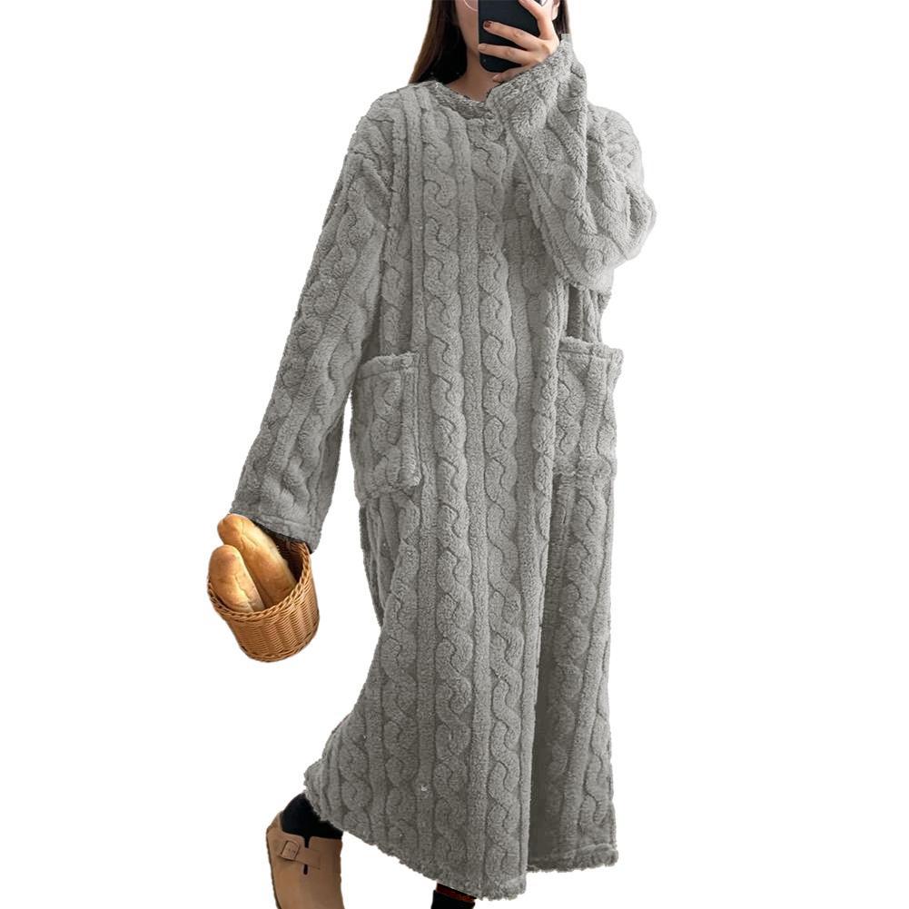 Winter Warm Nightdress for Women, Thickened Flannel Nightgown Long Sleeve, Loose Fit Sleepwear with Double Pocket, Solid