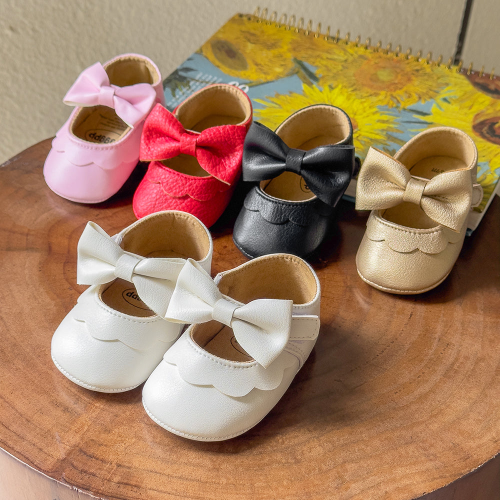 Baby Casual Shoes Infant Toddler Bowknot Non-slip Rubber Soft-Sole Flat PU First Walker Mary Janes with Bow Decor
