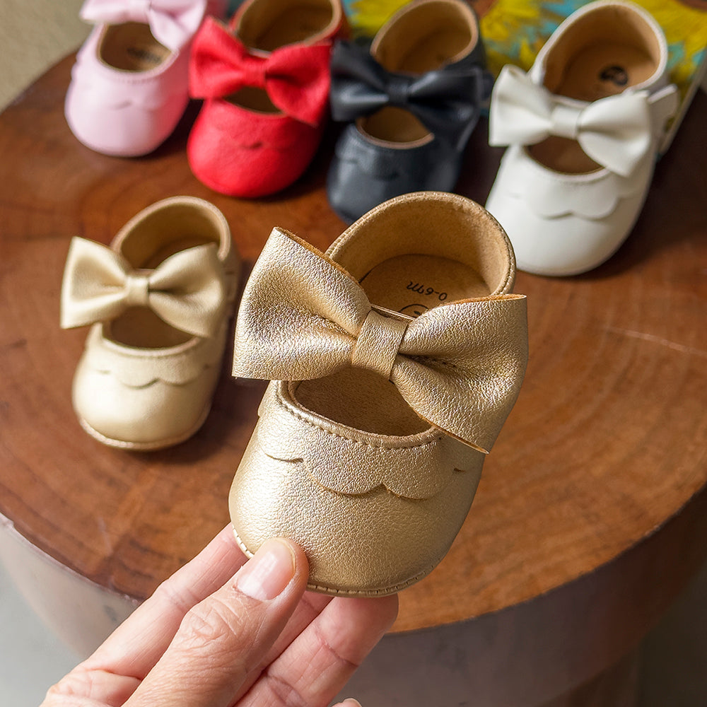 Baby Casual Shoes Infant Toddler Bowknot Non-slip Rubber Soft-Sole Flat PU First Walker Mary Janes with Bow Decor
