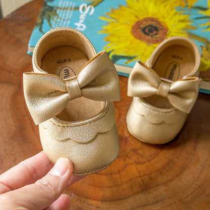 Baby Casual Shoes Infant Toddler Bowknot Non-slip Rubber Soft-Sole Flat PU First Walker Mary Janes with Bow Decor