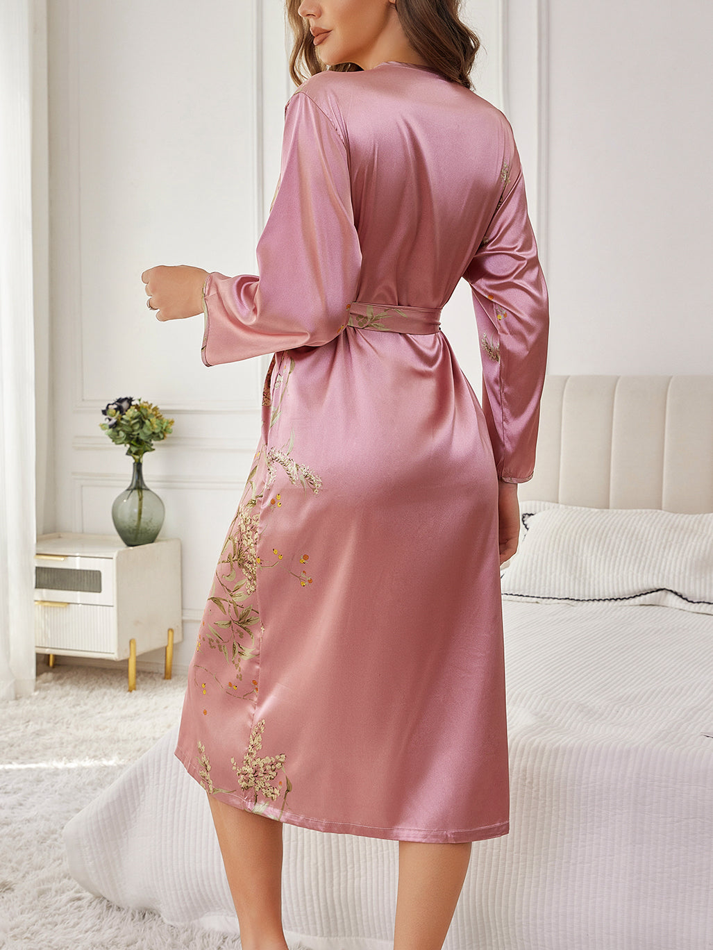 Elegant Floral Print Robe for Women, Long Sleeve Silk Loungewear, Loose Fit Breathable All Season Kimono