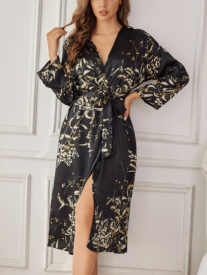 Elegant Floral Print Robe for Women, Long Sleeve Silk Loungewear, Loose Fit Breathable All Season Kimono