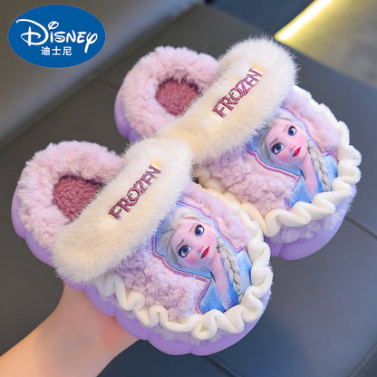 Frozen Girls Disney Princess Elsa Winter Cotton Home Slippers, Warm Non Slip Baby Slippers for Kids in Pink and Blue