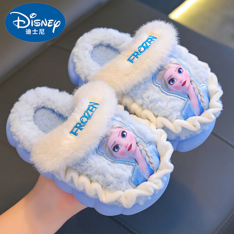Frozen Girls Disney Princess Elsa Winter Cotton Home Slippers, Warm Non Slip Baby Slippers for Kids in Pink and Blue