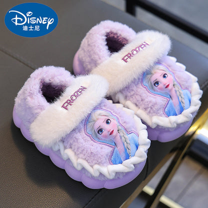 Frozen Girls Disney Princess Elsa Winter Cotton Home Slippers, Warm Non Slip Baby Slippers for Kids in Pink and Blue