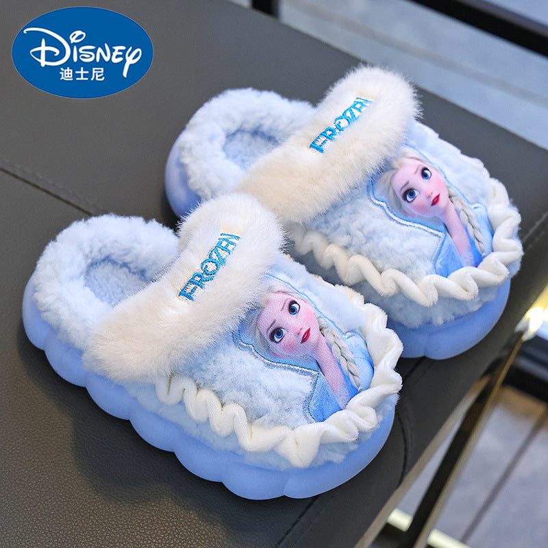 Frozen Girls Disney Princess Elsa Winter Cotton Home Slippers, Warm Non Slip Baby Slippers for Kids in Pink and Blue