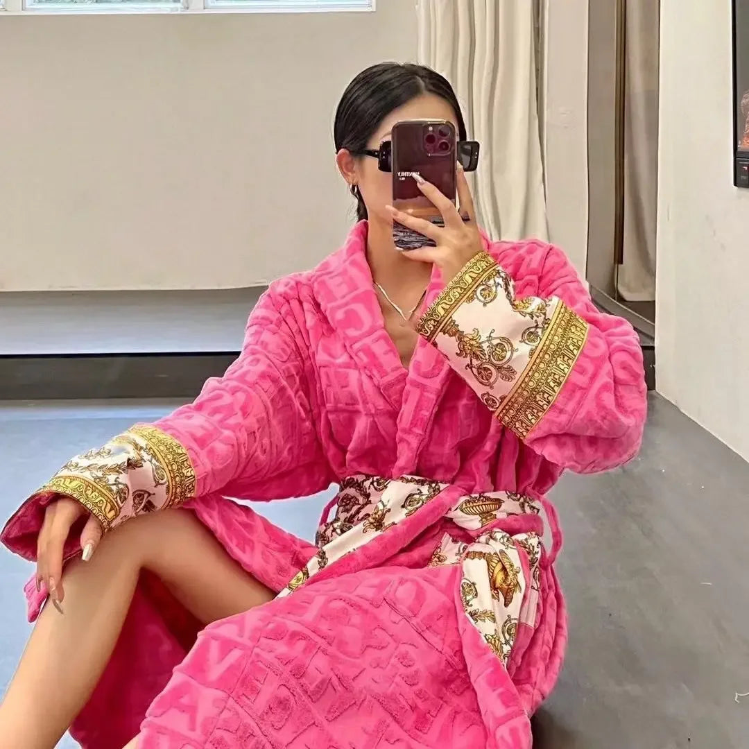 Plush Fleece Bath Robe for Women and Men, Winter Robe with Pockets, Long Sleeve Soft Couples Homewear, Loungewear