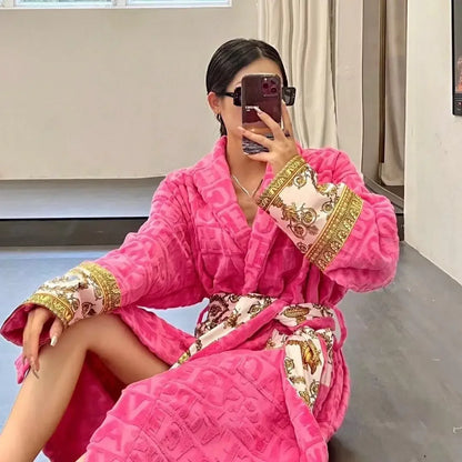 Plush Fleece Bath Robe for Women and Men, Winter Robe with Pockets, Long Sleeve Soft Couples Homewear, Loungewear