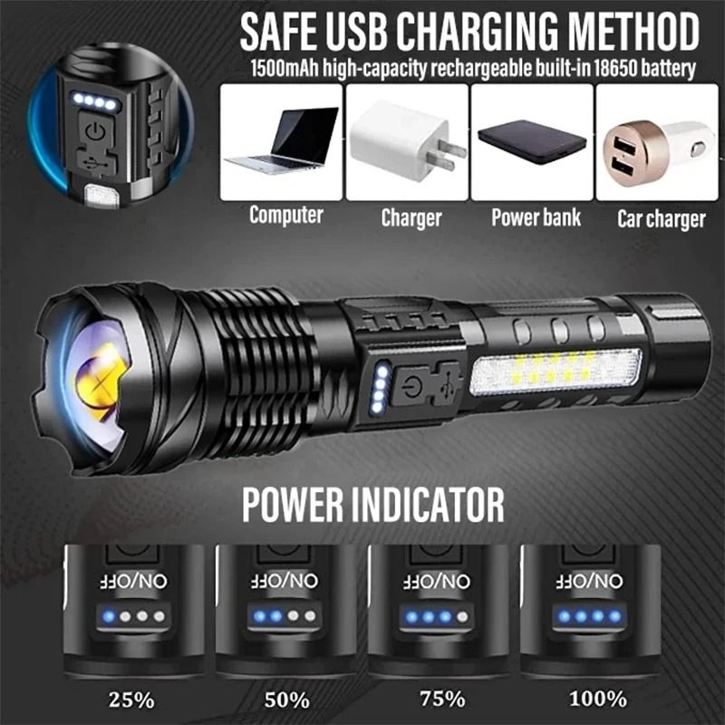 XHP50 LED Flashlight USB Rechargeable Waterproof Torch With Side Light And 7 Modes 4