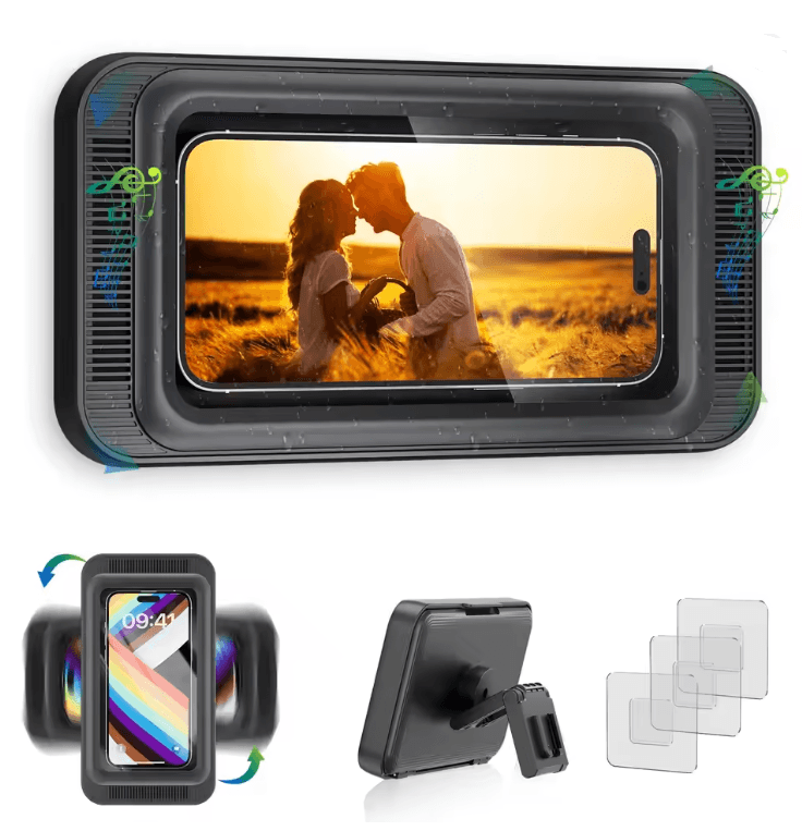 Waterproof Shower Phone Holder With Speaker And 480 Degree Rotation 3