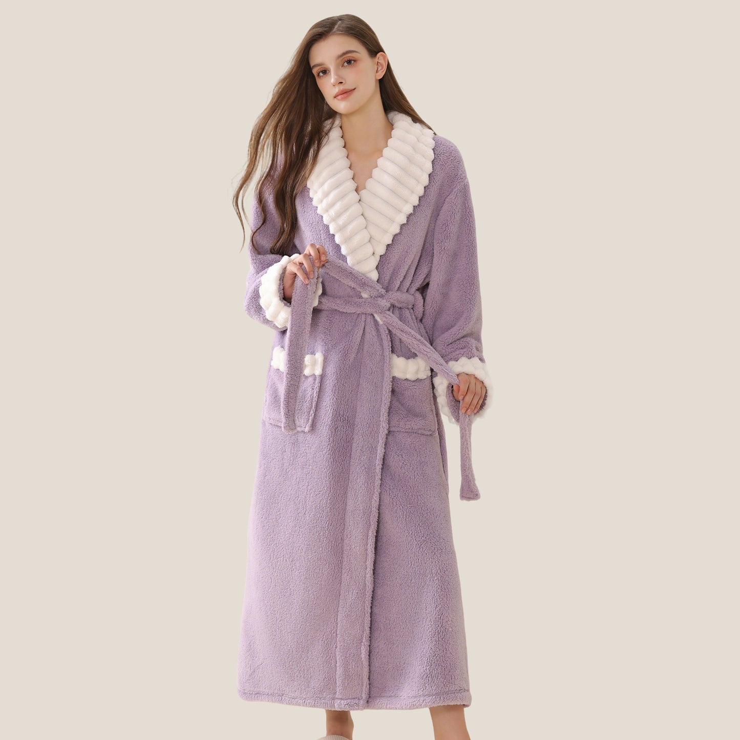 Winter Women's Long Sleeve Flannel Nightgown, Thickened Warm Coral Fleece Nightdress with Pockets, Loose Fit Sleepwear