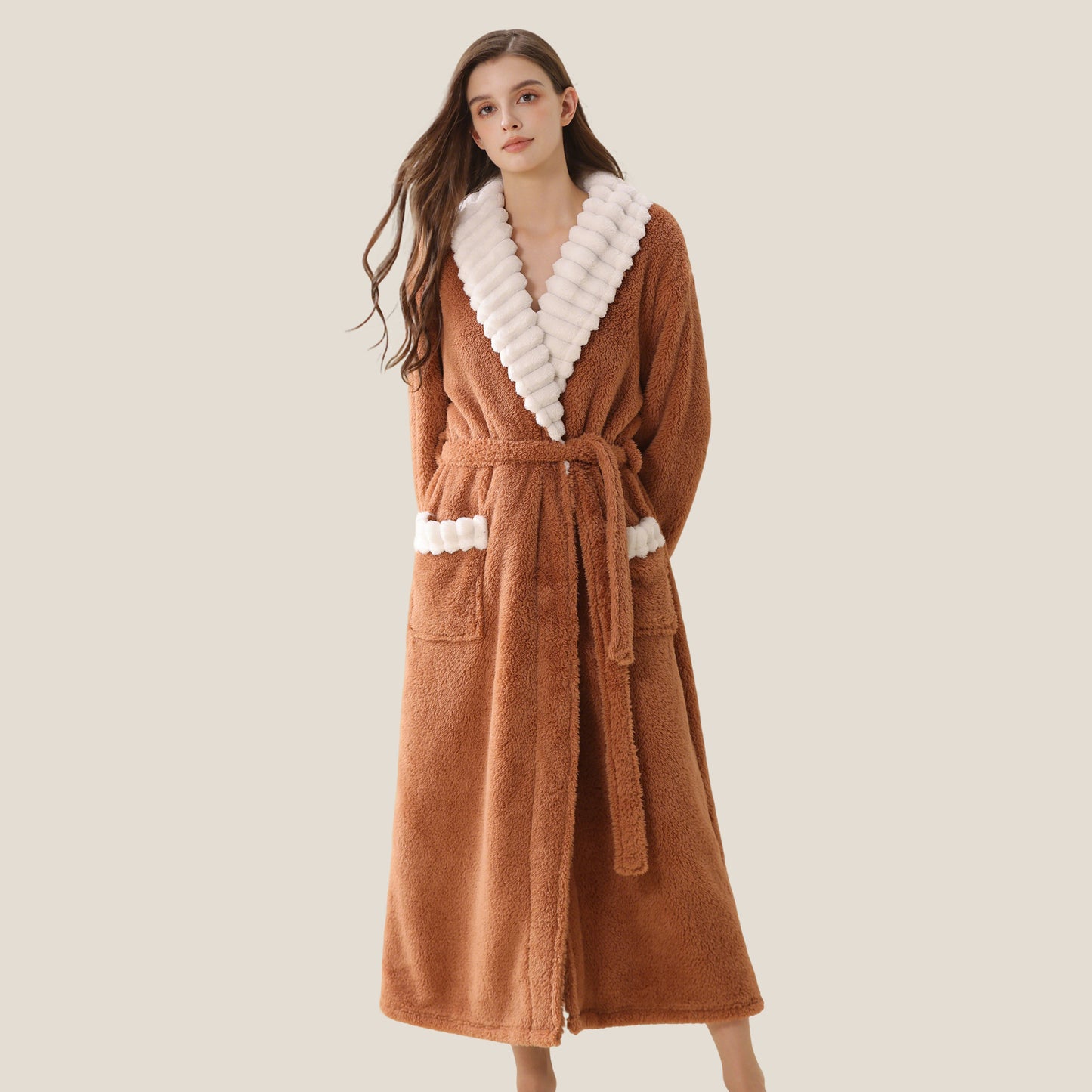 Winter Women's Long Sleeve Flannel Nightgown, Thickened Warm Coral Fleece Nightdress with Pockets, Loose Fit Sleepwear