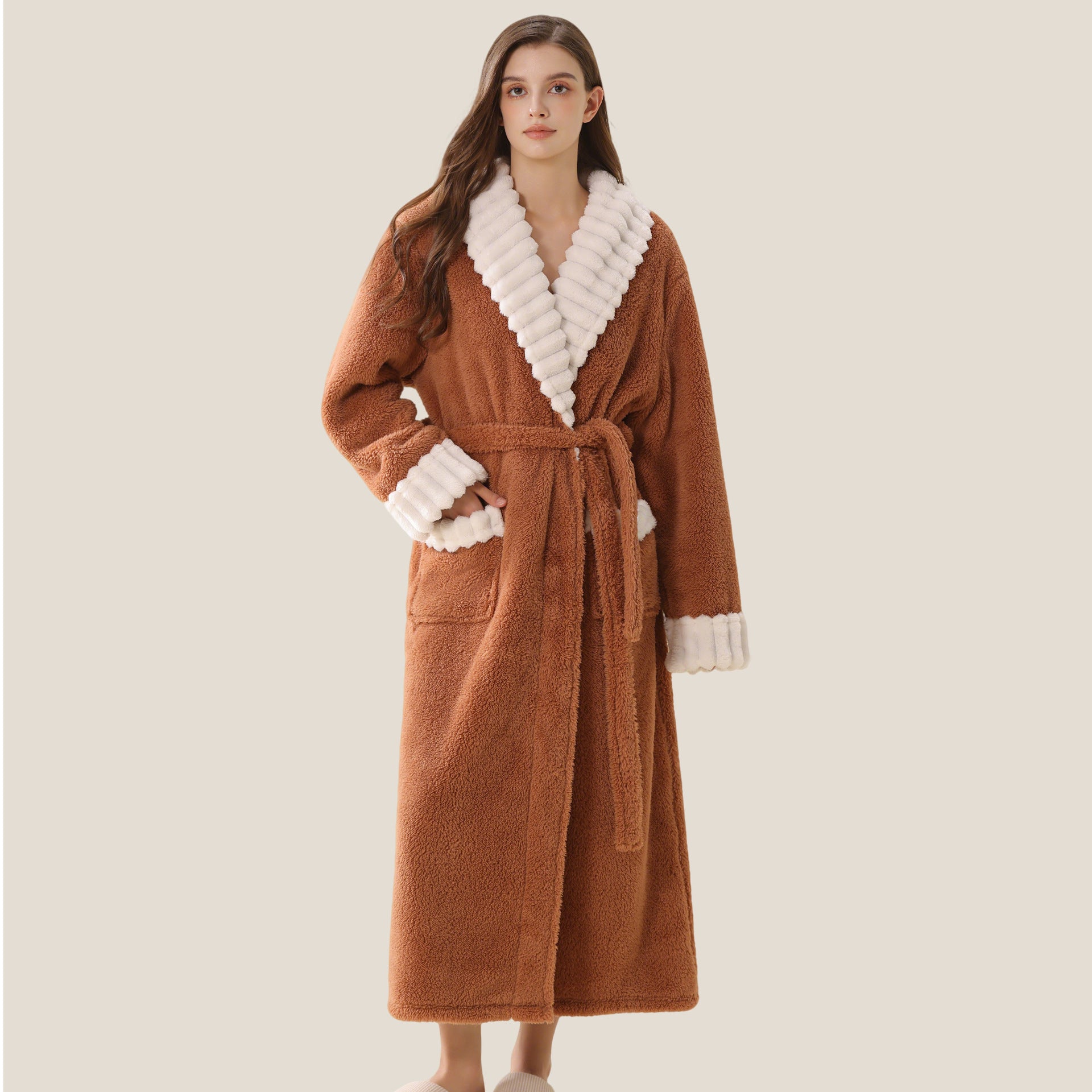 Winter Women's Long Sleeve Flannel Nightgown, Thickened Warm Coral Fleece Nightdress with Pockets, Loose Fit Sleepwear