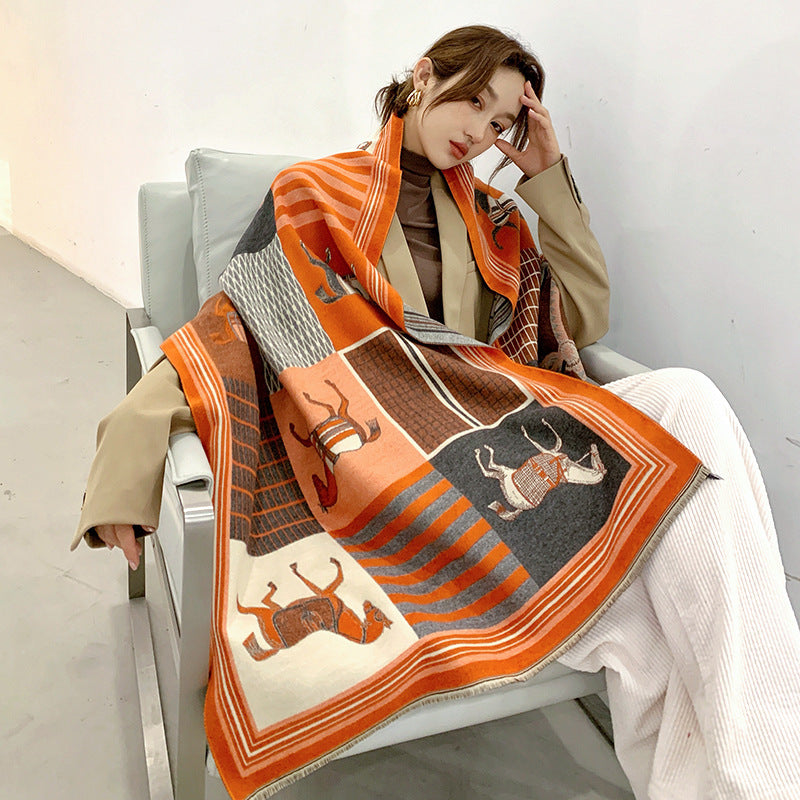 Luxury Horse Print Winter Cashmere Scarf Women Shawl Wrap Scarves Lady Thick Warm Blanket Gift Eleg 2