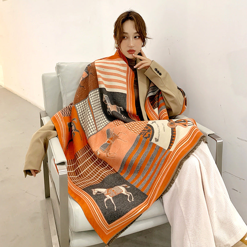 Luxury Horse Print Winter Cashmere Scarf Women Shawl Wrap Scarves Lady Thick Warm Blanket Gift Elegant Echarpe