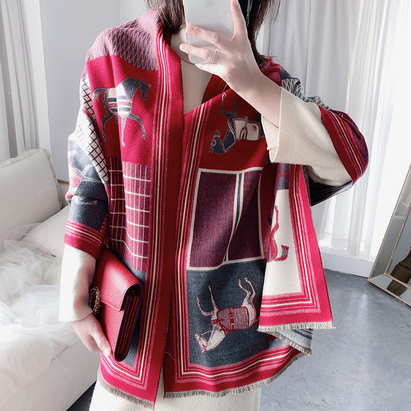 Luxury Horse Print Winter Cashmere Scarf Women Shawl Wrap Scarves Lady Thick Warm Blanket Gift Eleg 9