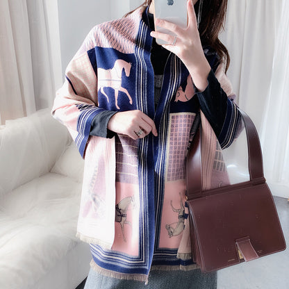 Luxury Horse Print Winter Cashmere Scarf Women Shawl Wrap Scarves Lady Thick Warm Blanket Gift Eleg 13