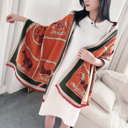 Luxury Horse Print Winter Cashmere Scarf Women Shawl Wrap Scarves Lady Thick Warm Blanket Gift Eleg 14