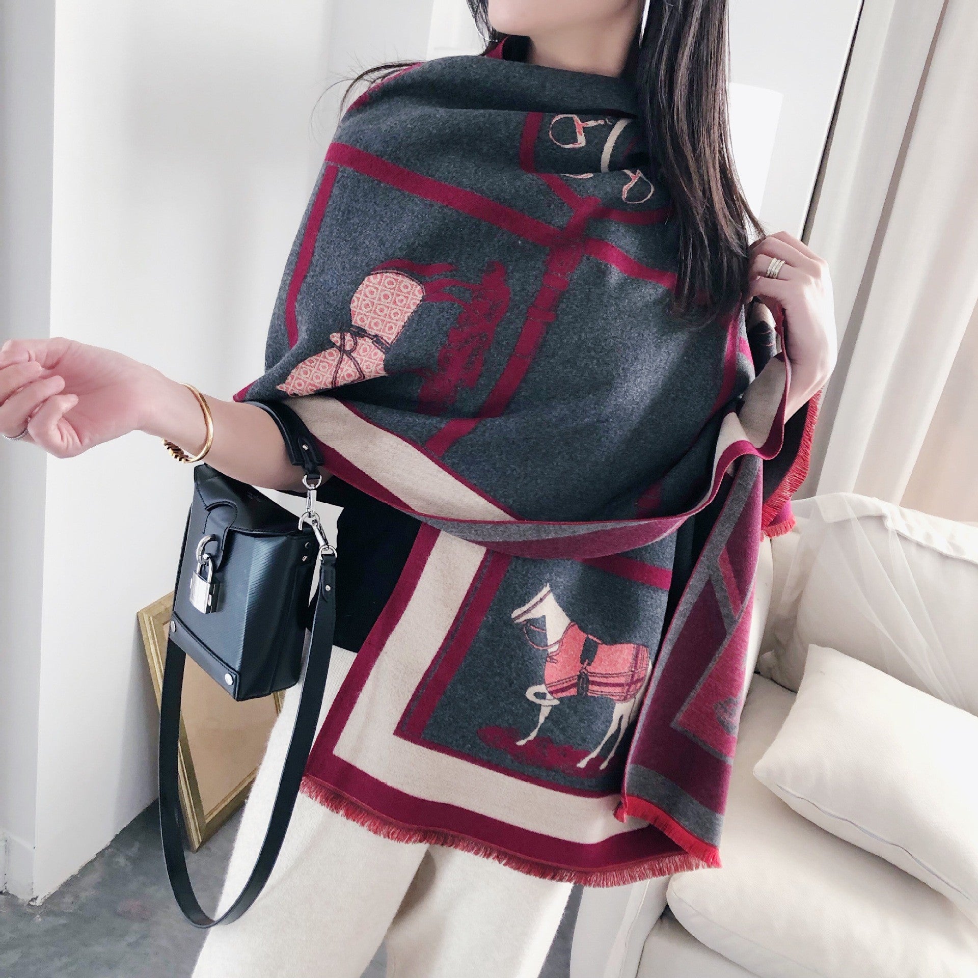 Luxury Horse Print Winter Cashmere Scarf Women Shawl Wrap Scarves Lady Thick Warm Blanket Gift Eleg 15