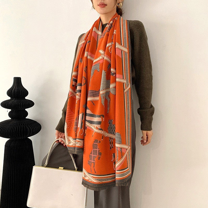 Luxury Horse Print Winter Cashmere Scarf Women Shawl Wrap Scarves Lady Thick Warm Blanket Gift Eleg 19