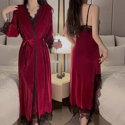 Women's Velour Robe Set, Winter Loungewear, Sexy Cami and Kimono Sleepwear, Warm Burgundy Bathrobe Suit