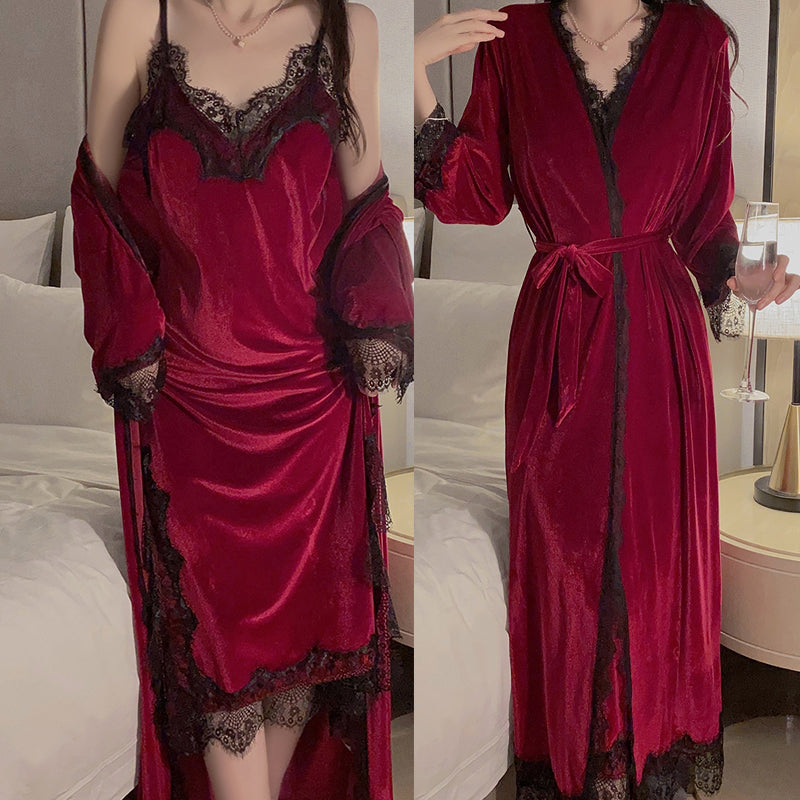 Women's Velour Robe Set, Winter Loungewear, Sexy Cami and Kimono Sleepwear, Warm Burgundy Bathrobe Suit