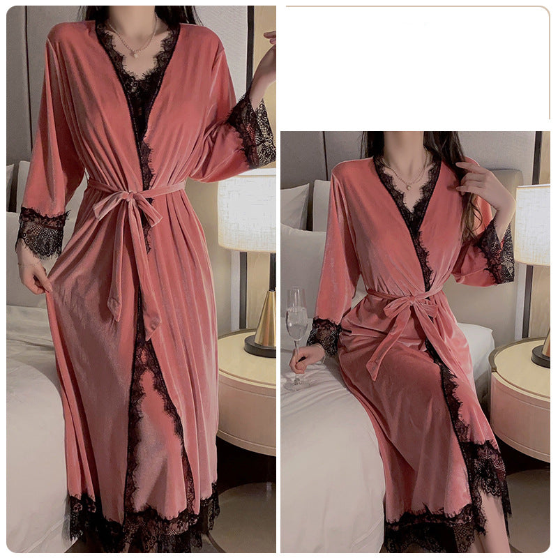 Women's Velour Robe Set, Winter Loungewear, Sexy Cami and Kimono Sleepwear, Warm Burgundy Bathrobe Suit