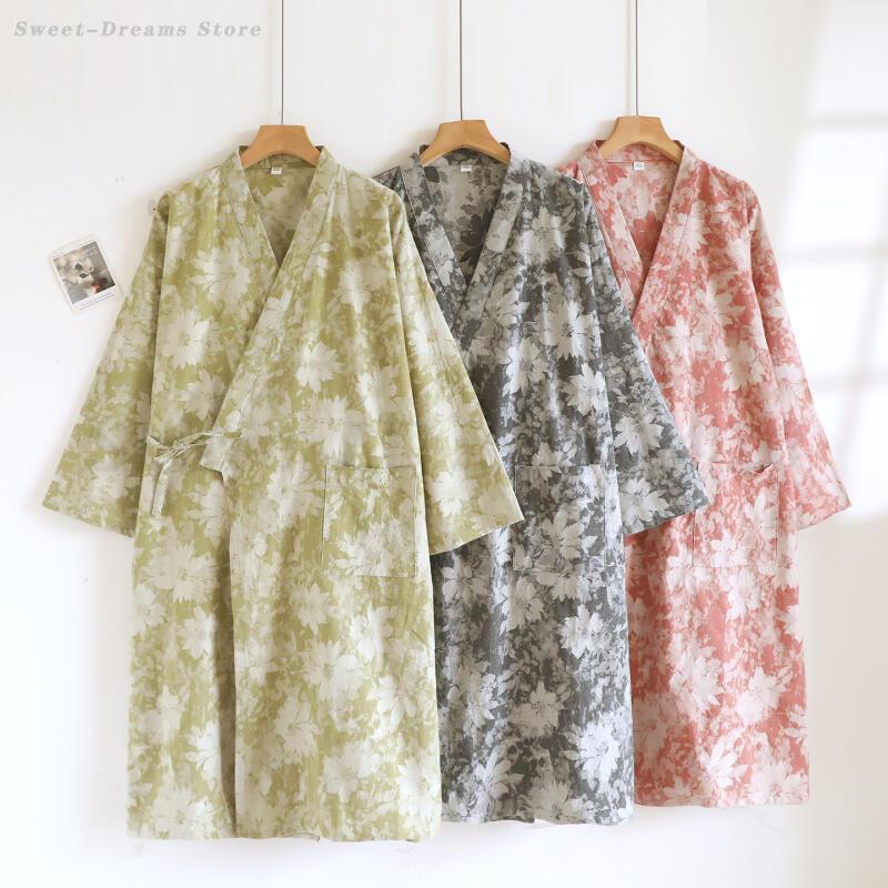 Womens Cotton Kimono Robe, Lightweight Loungewear, Jacquard Bathrobe and Negligee for Homewear