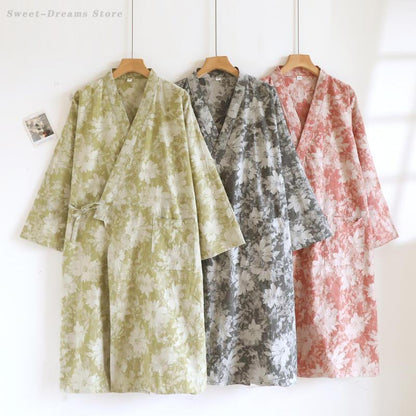 Womens Cotton Kimono Robe, Lightweight Loungewear, Jacquard Bathrobe and Negligee for Homewear