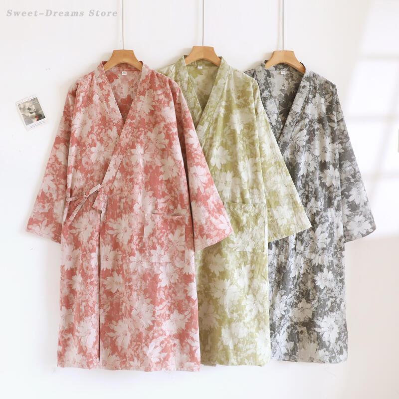 Womens Cotton Kimono Robe, Lightweight Loungewear, Jacquard Bathrobe and Negligee for Homewear