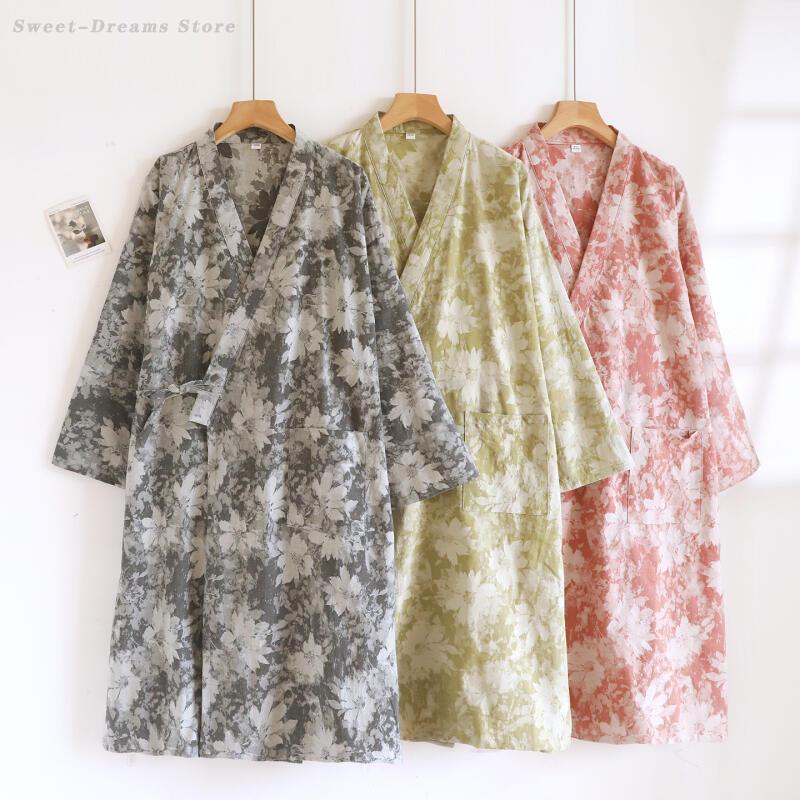 Womens Cotton Kimono Robe, Lightweight Loungewear, Jacquard Bathrobe and Negligee for Homewear