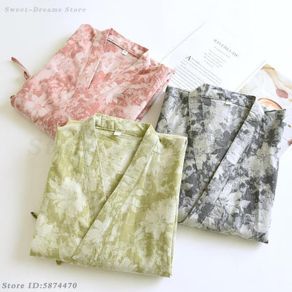 Womens Cotton Kimono Robe, Lightweight Loungewear, Jacquard Bathrobe and Negligee for Homewear