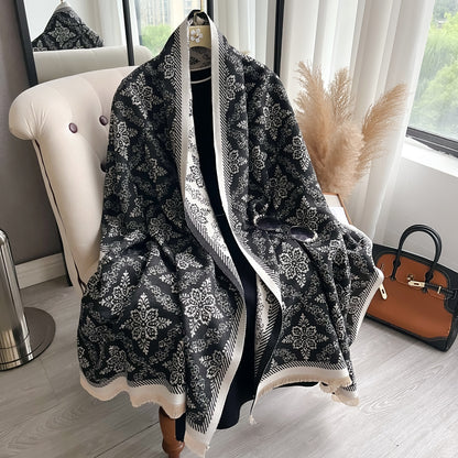 Ethnic Style Luxury Brand Two-Sided Scarf Pashmina Cashmere Soft Warm Fringe Shawl Coldproof Windproof Winter Blanket